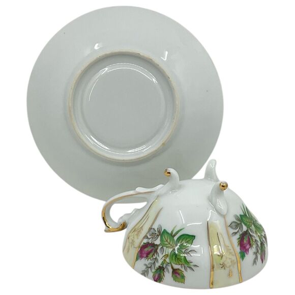 Vintage Pink Rose Tea Cup and Saucer 3 Footed Geometric‎ Lusterware Gold Trim - Picture 7 of 9